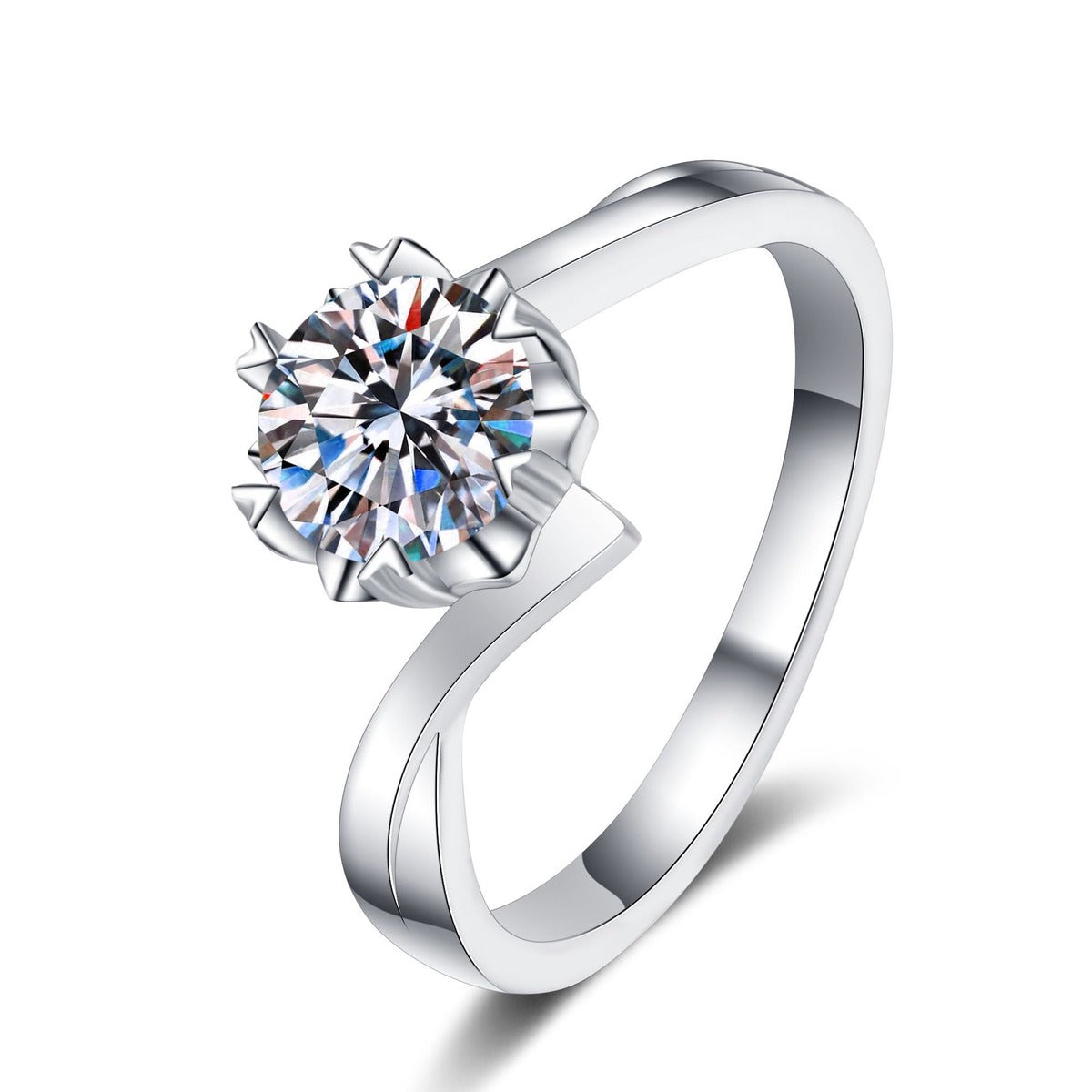 Round Moissanite Solitaire Ring in Rhodium-Plated S925 Sterling Silver clean white background product photo showing the ring silhouette and moissanite setting