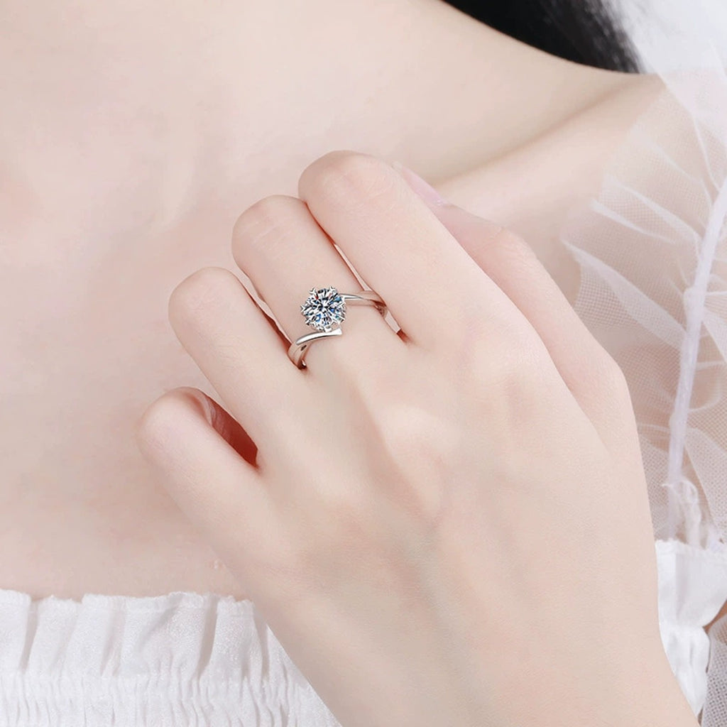 Round Moissanite Solitaire Ring in Rhodium-Plated S925 Sterling Silver worn on hand, showing scale, finger coverage, and rhodium-plated finish