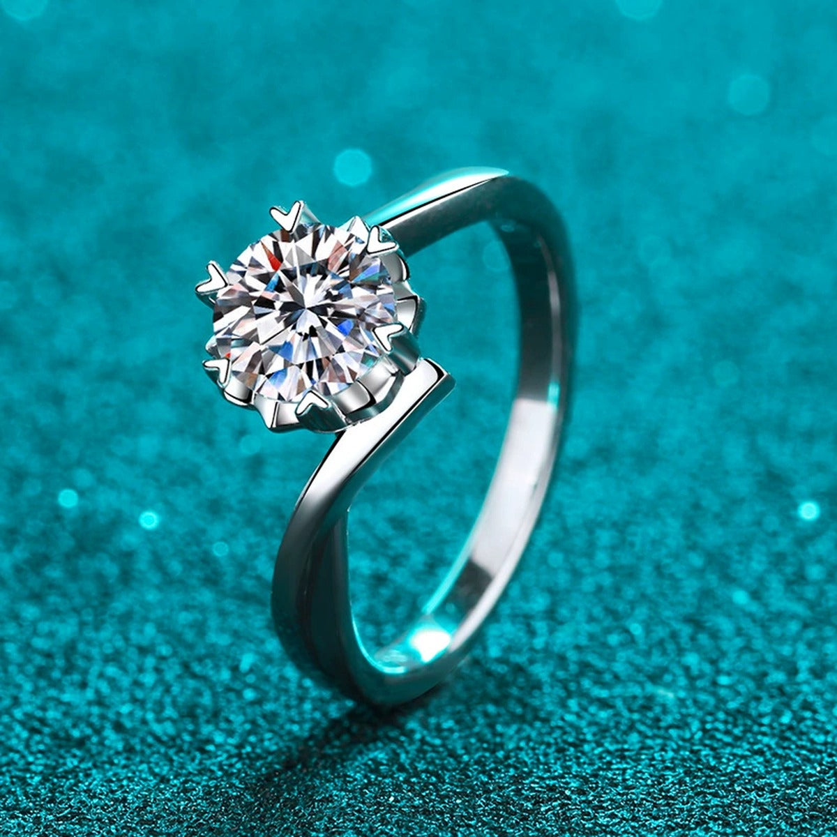 Round Moissanite Solitaire Ring in Rhodium-Plated S925 Sterling Silver blue display product photo showing the moissanite setting and band profile