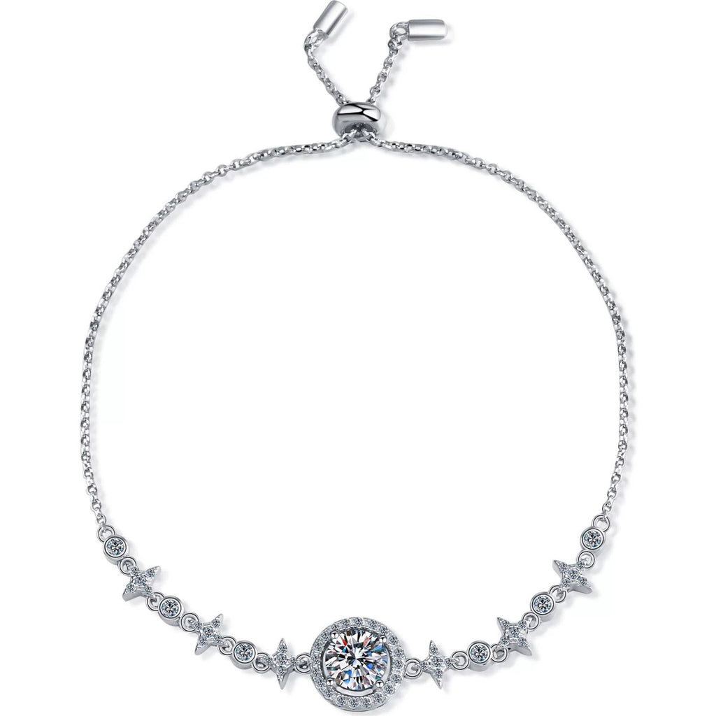 Round Halo Moissanite Adjustable Bracelet in Rhodium-Plated S925 sterling silver white background product photo showing bracelet shape and moissanite setting