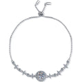 Round Halo Moissanite Adjustable Bracelet in Rhodium-Plated S925 sterling silver white background product photo showing bracelet shape and moissanite setting