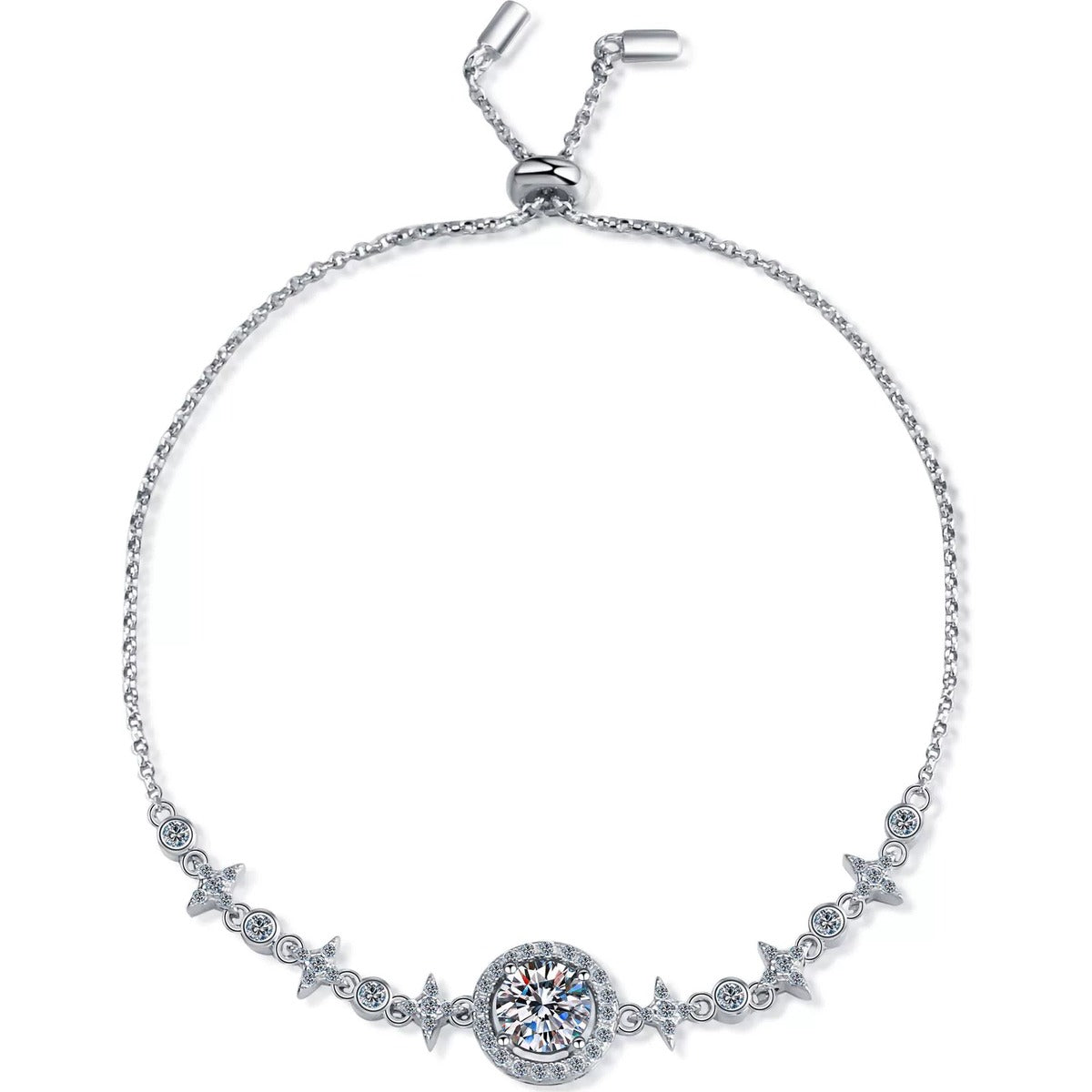 Round Halo Moissanite Adjustable Bracelet in Rhodium-Plated S925 sterling silver white background product photo showing bracelet shape and moissanite setting