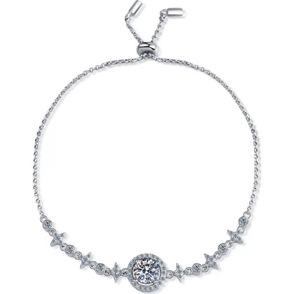 Round Halo Moissanite Adjustable Bracelet in Rhodium-Plated S925 sterling silver white background product photo showing bracelet shape and moissanite setting