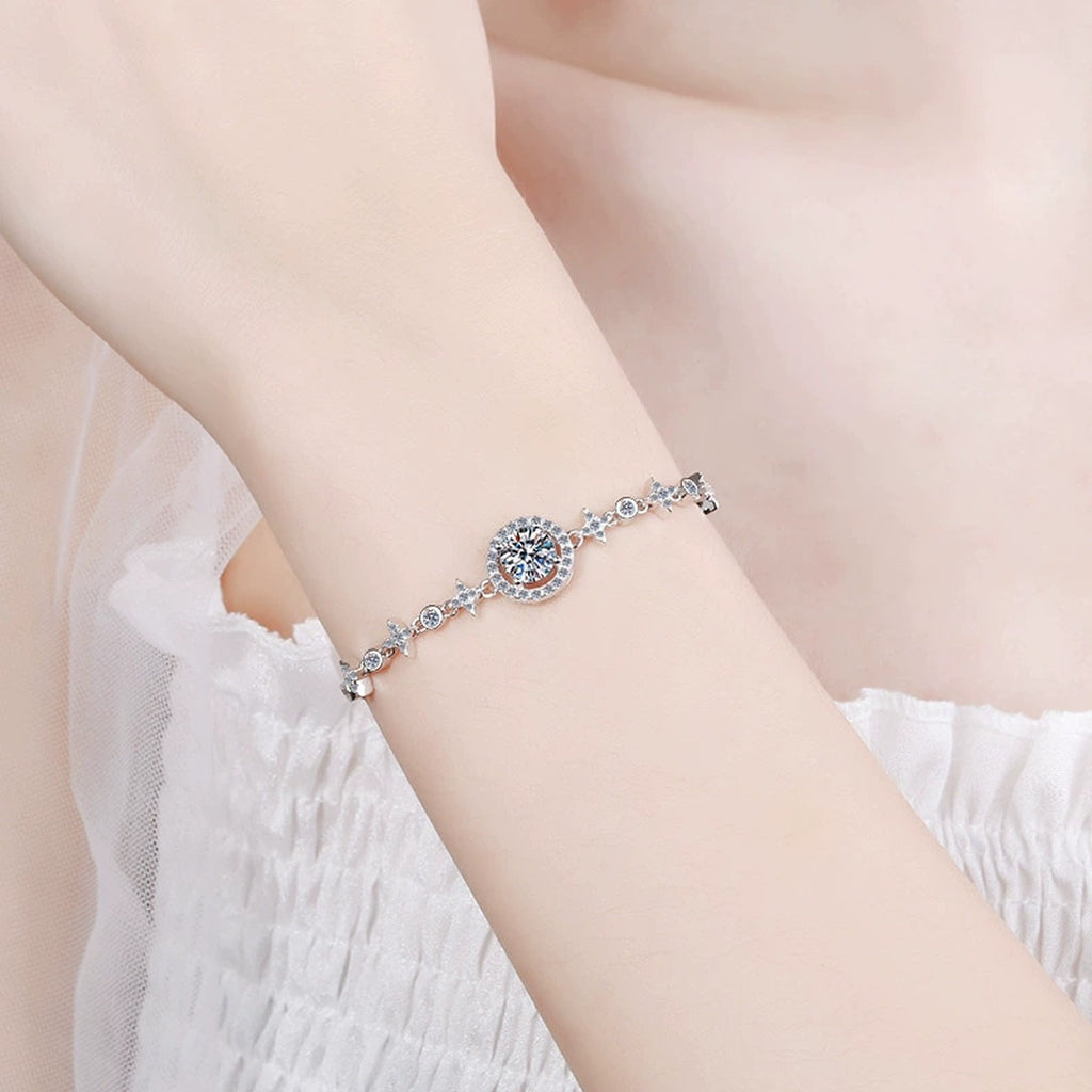 Round Halo Moissanite Adjustable Bracelet in Rhodium-Plated S925 sterling silver worn on wrist model view showing scale and adjustable fit