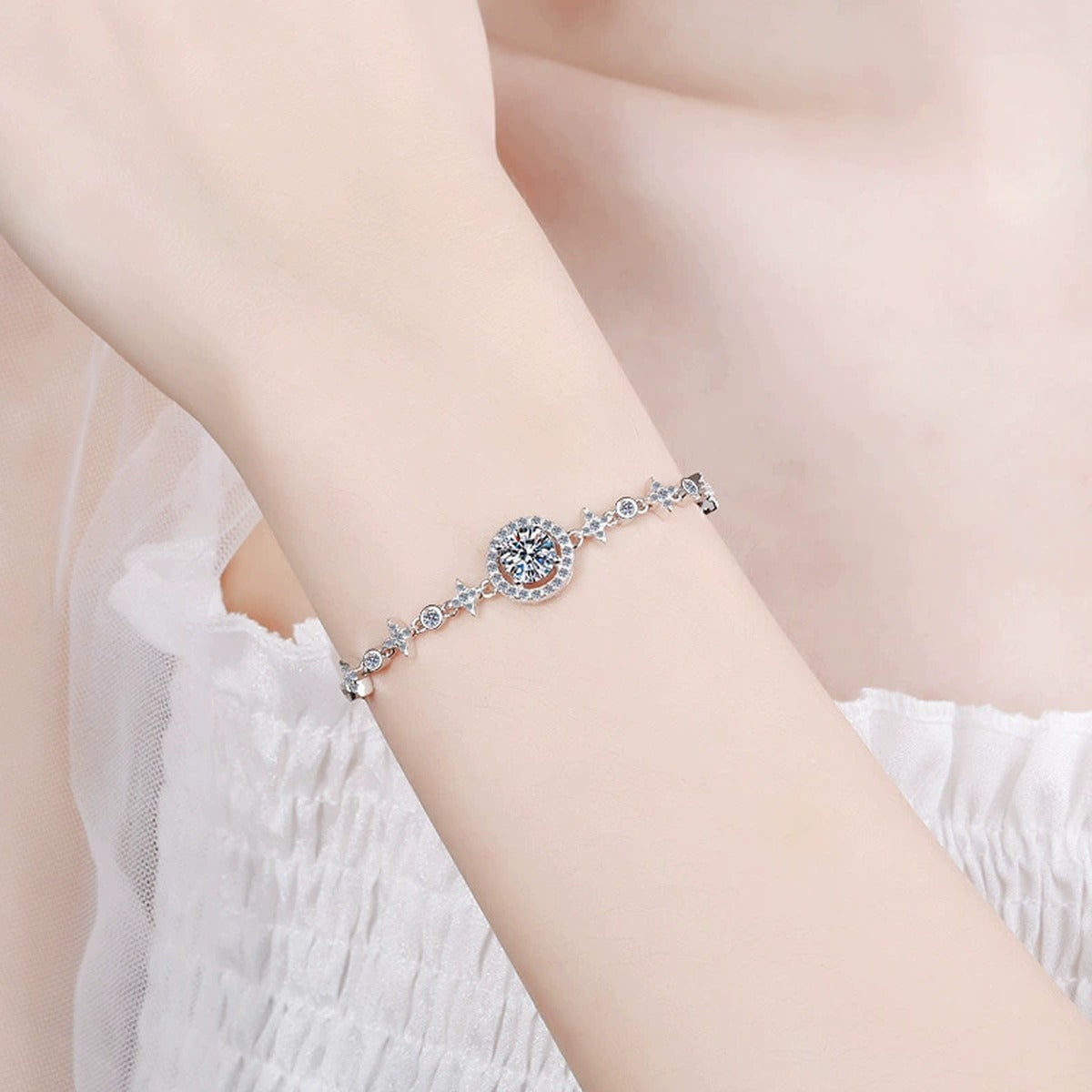 Round Halo Moissanite Adjustable Bracelet in Rhodium-Plated S925 sterling silver worn on wrist model view showing scale and adjustable fit