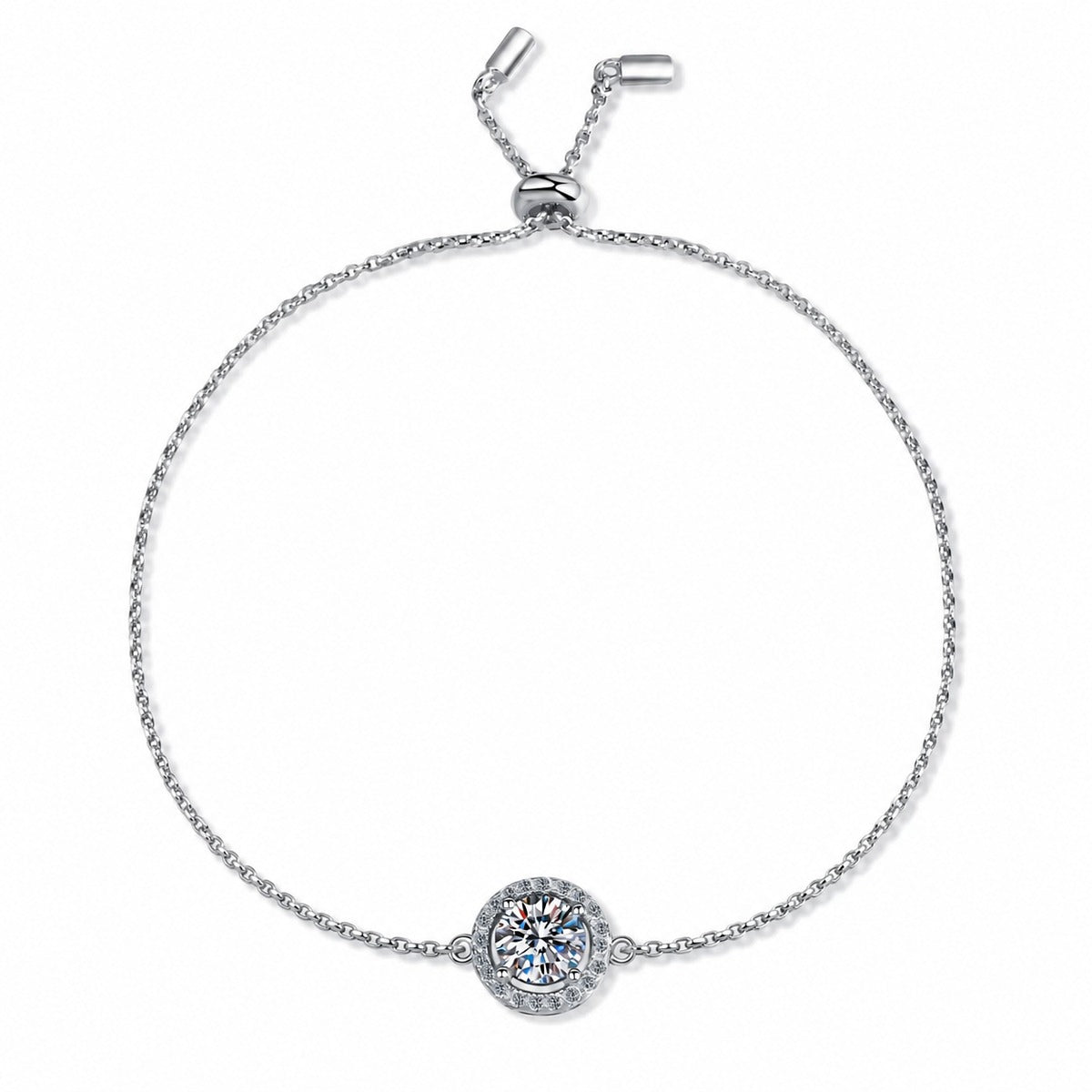 Round Halo Moissanite Adjustable Bracelet in Rhodium-Plated S925 sterling silver styled product scene showing stone sparkle and chain detail