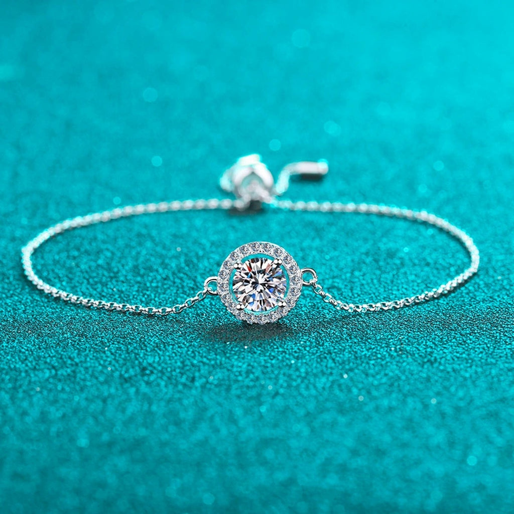 Round Halo Moissanite Adjustable Bracelet in Rhodium-Plated S925 sterling silver close-up bracelet detail view showing clasp and motif