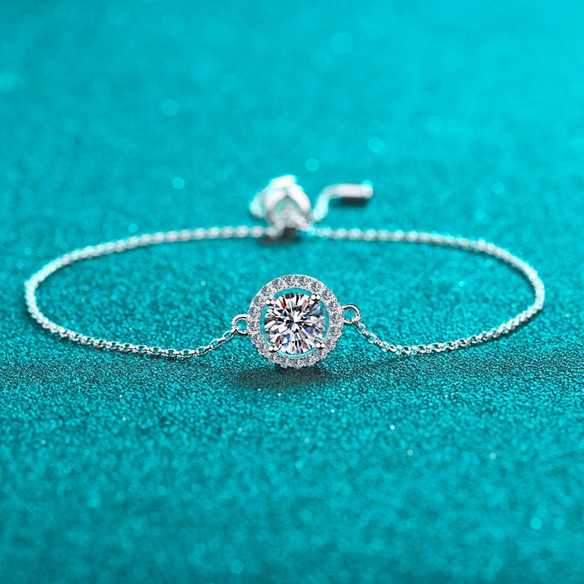 Round Halo Moissanite Adjustable Bracelet in Rhodium-Plated S925 sterling silver close-up bracelet detail view showing clasp and motif