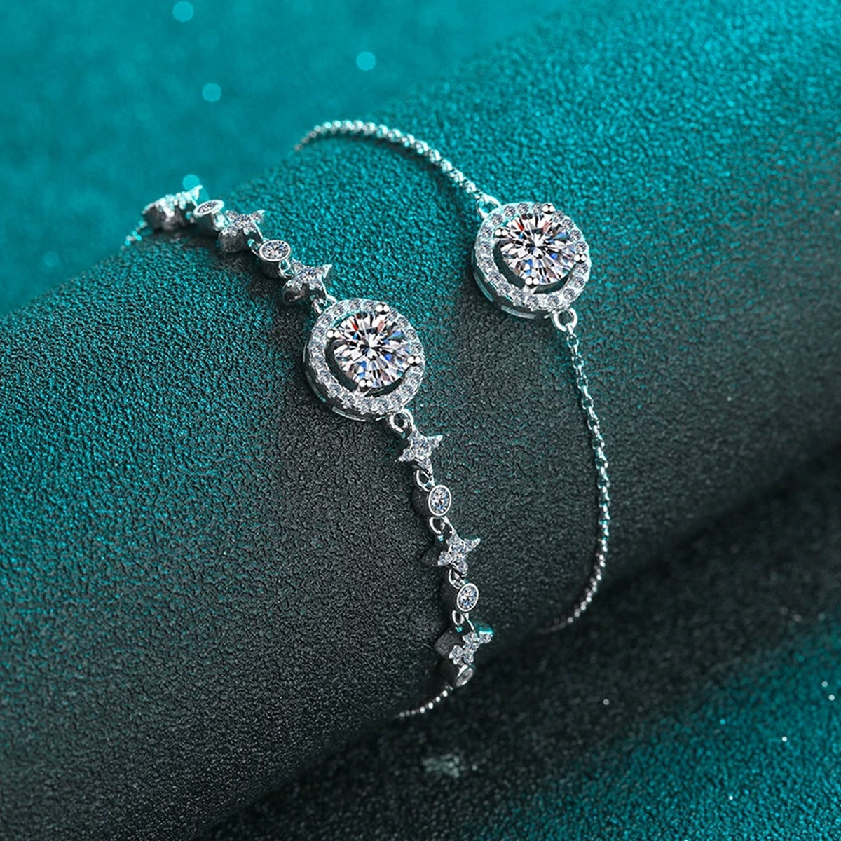 Round Halo Moissanite Adjustable Bracelet in Rhodium-Plated S925 sterling silver angled product display showing bracelet silhouette