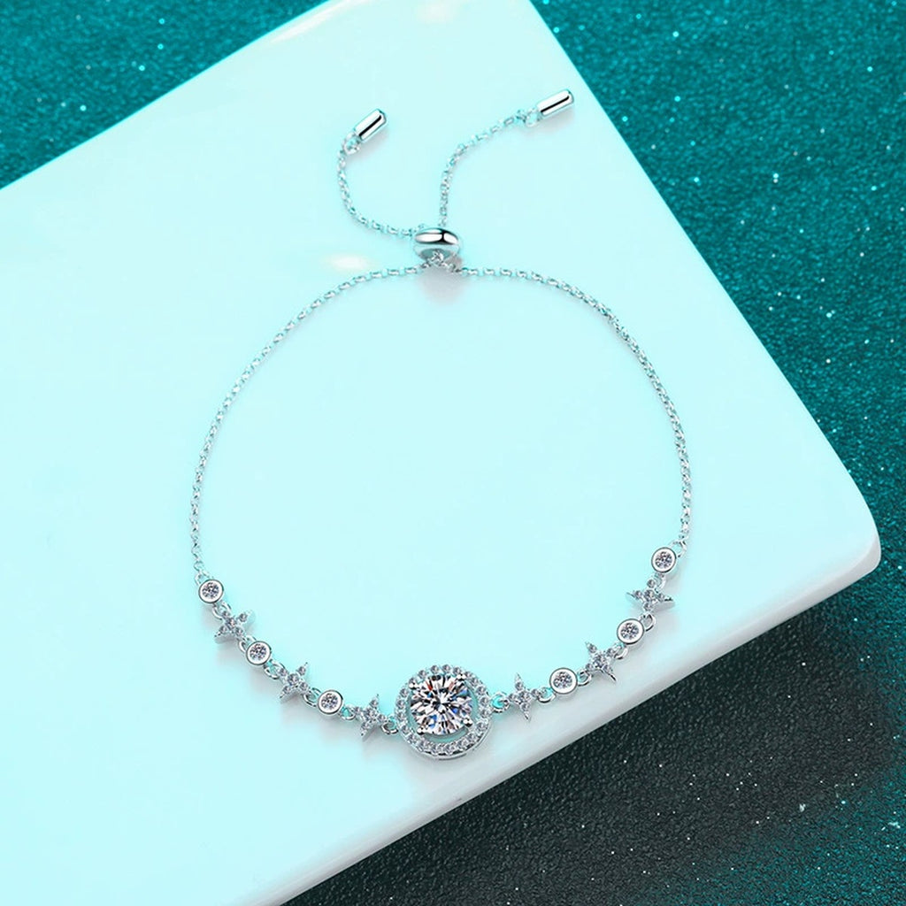 Round Halo Moissanite Adjustable Bracelet in Rhodium-Plated S925 sterling silver additional product photo showing finish and setting