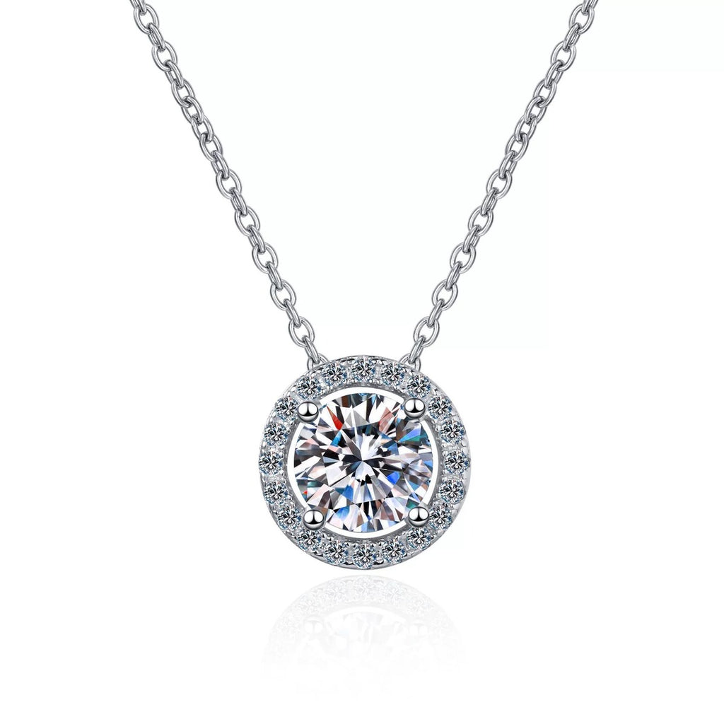 Halo Moissanite Pendant Necklace with CZ in Rhodium-Plated S925 sterling silver on white background showing pendant shape and round moissanite