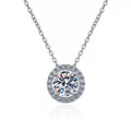 Halo Moissanite Pendant Necklace with CZ in Rhodium-Plated S925 sterling silver on white background showing pendant shape and round moissanite
