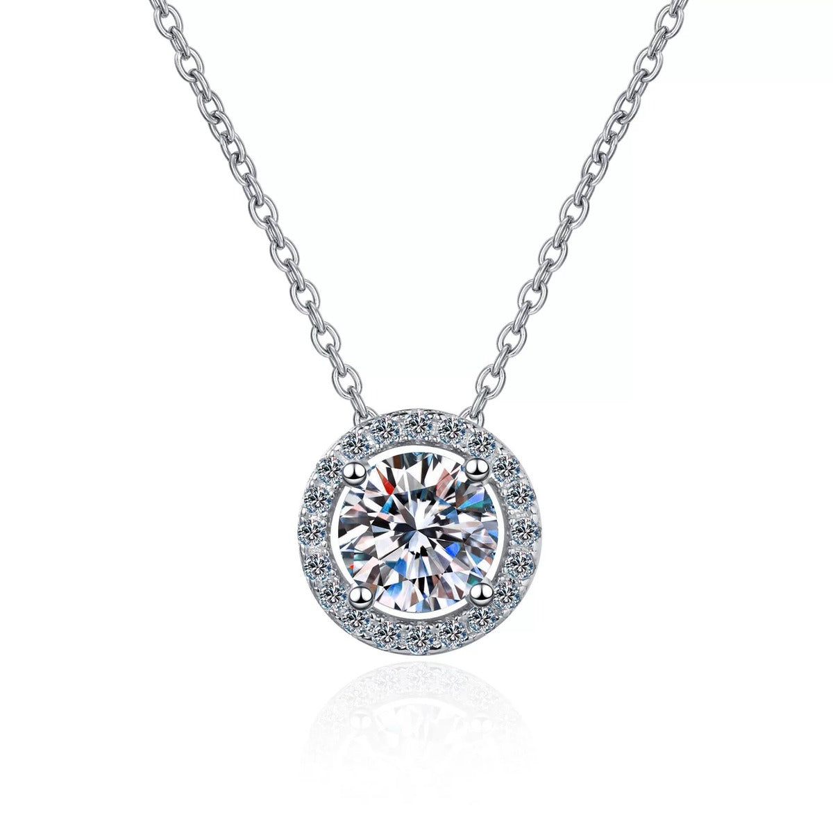 Halo Moissanite Pendant Necklace with CZ in Rhodium-Plated S925 sterling silver on white background showing pendant shape and round moissanite