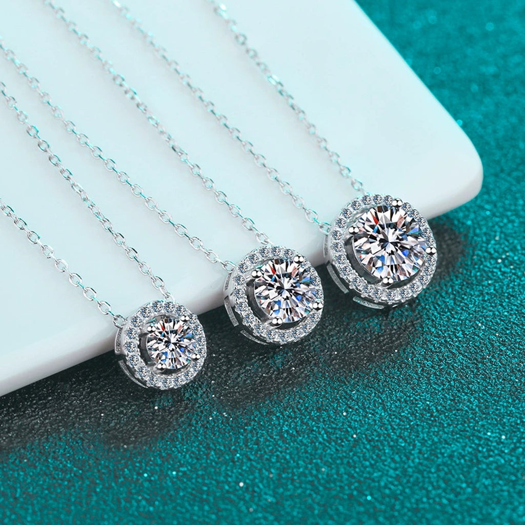 Halo Moissanite Pendant Necklace with CZ in Rhodium-Plated S925 sterling silver product scene view showing pendant detail