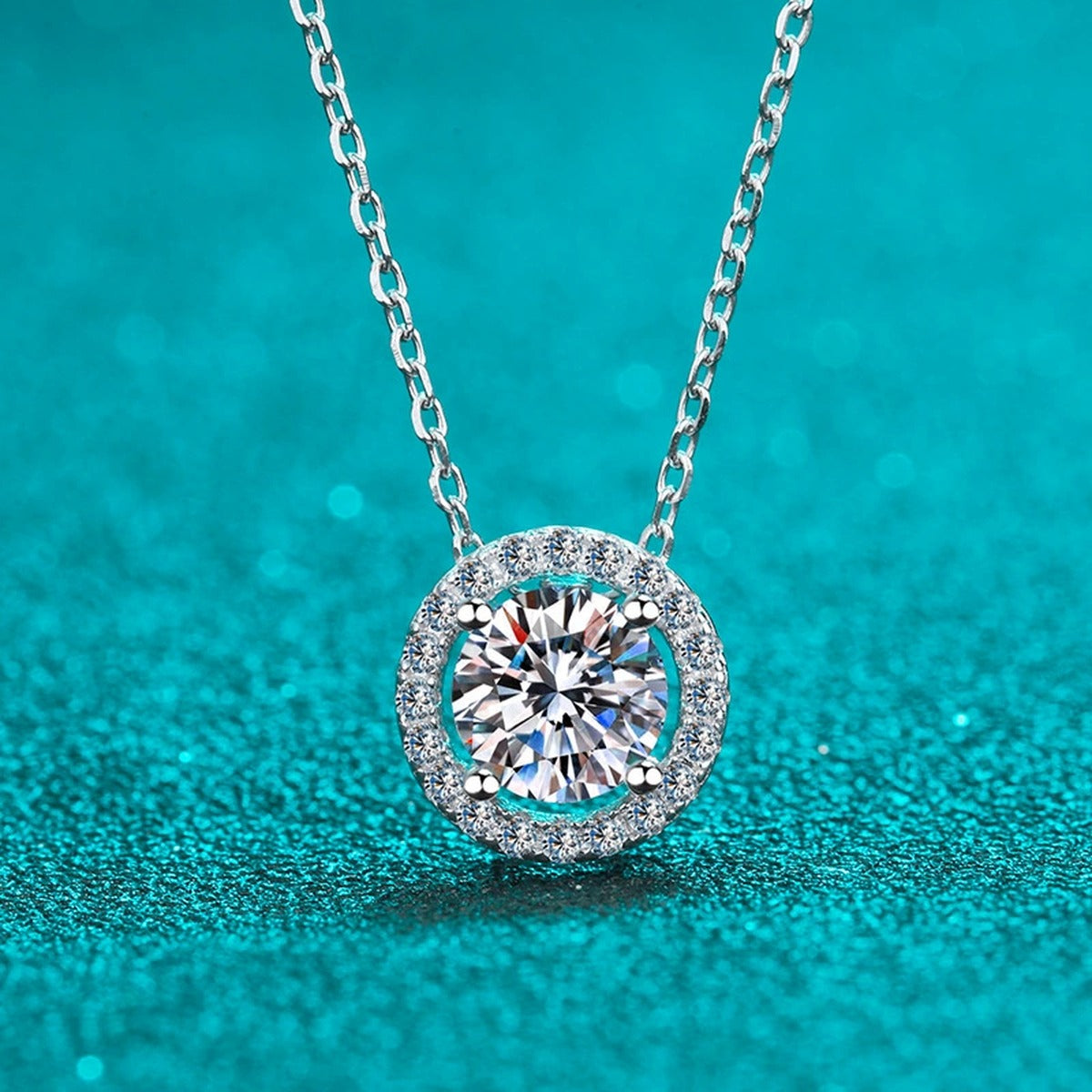 Halo Moissanite Pendant Necklace with CZ in Rhodium-Plated S925 sterling silver product scene view showing chain and setting detail