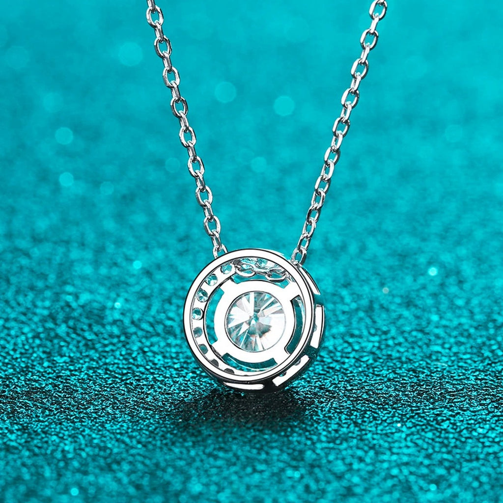 Halo Moissanite Pendant Necklace with CZ in Rhodium-Plated S925 sterling silver product scene view showing angled sparkle