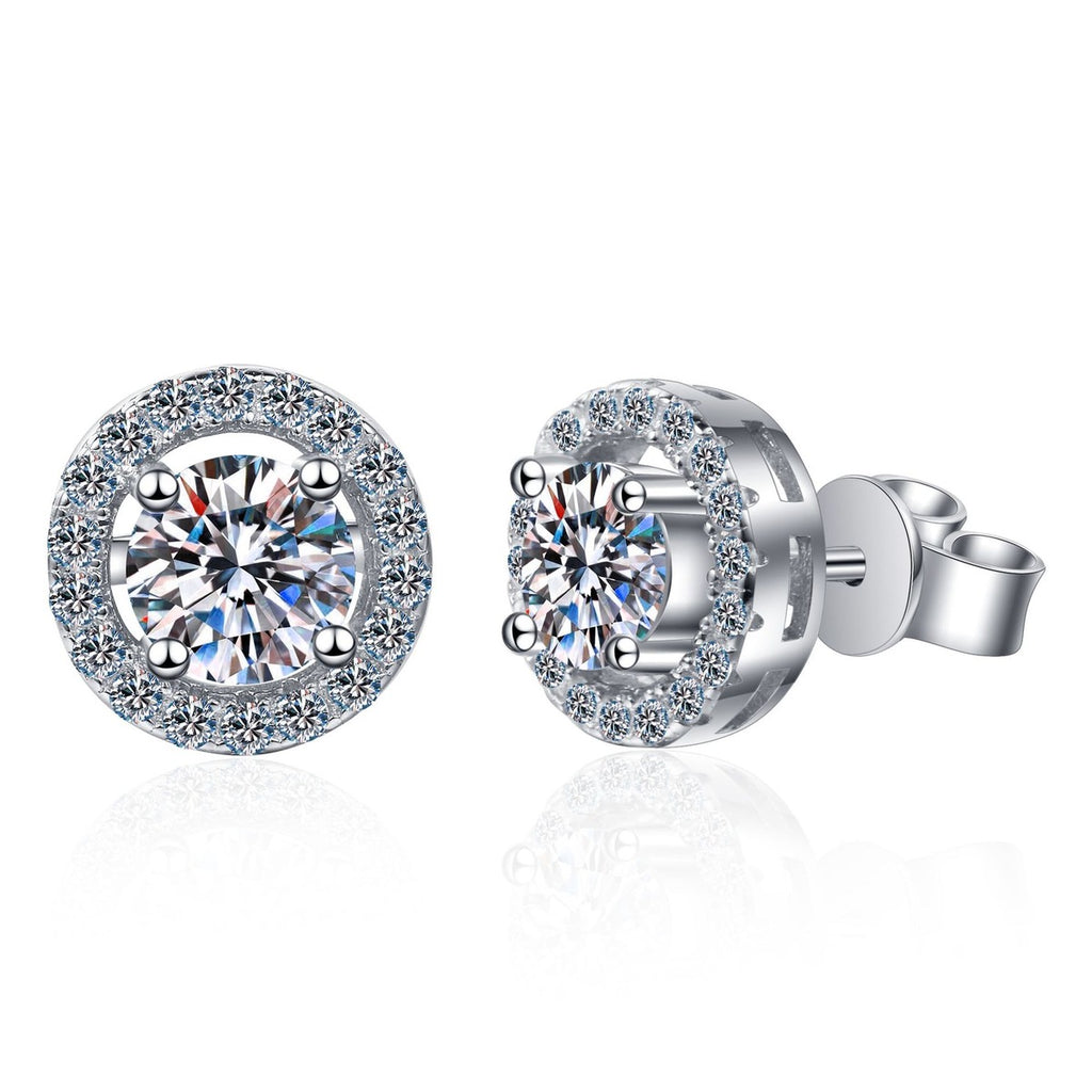Round Halo Moissanite Stud Earrings with CZ in Rhodium-Plated S925 sterling silver white background product photo showing the pair, stone shape, and stud earrings silhouette