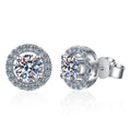 Round Halo Moissanite Stud Earrings with CZ in Rhodium-Plated S925 sterling silver white background product photo showing the pair, stone shape, and stud earrings silhouette