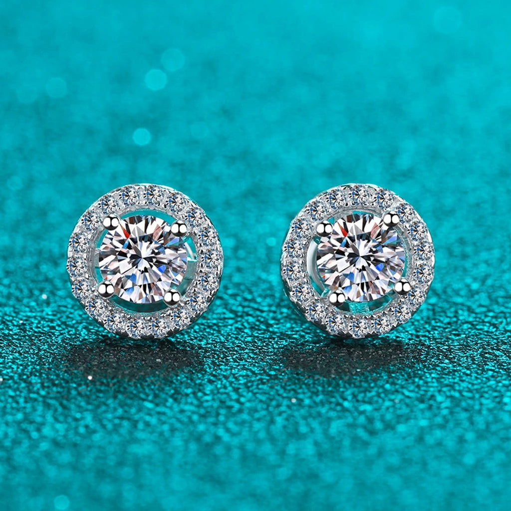 Round Halo Moissanite Stud Earrings with CZ in Rhodium-Plated S925 sterling silver product scene view showing front sparkle