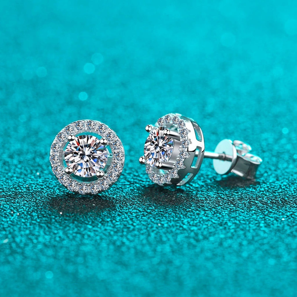 Round Halo Moissanite Stud Earrings with CZ in Rhodium-Plated S925 sterling silver product scene view showing angled setting detail