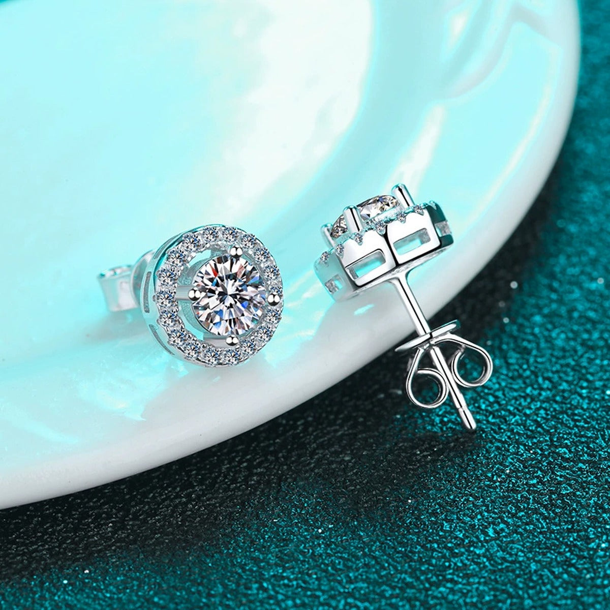 Round Halo Moissanite Stud Earrings with CZ in Rhodium-Plated S925 sterling silver product scene view showing side profile