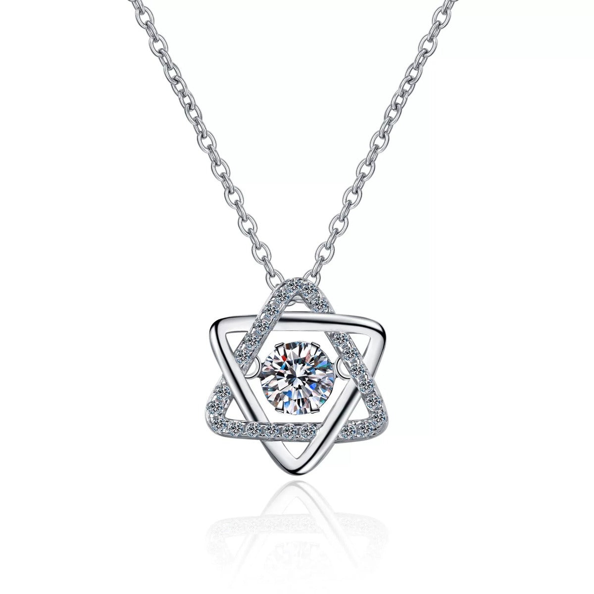 Star Moissanite Pendant Necklace with CZ in Rhodium-Plated S925 sterling silver on white background showing pendant shape and round moissanite