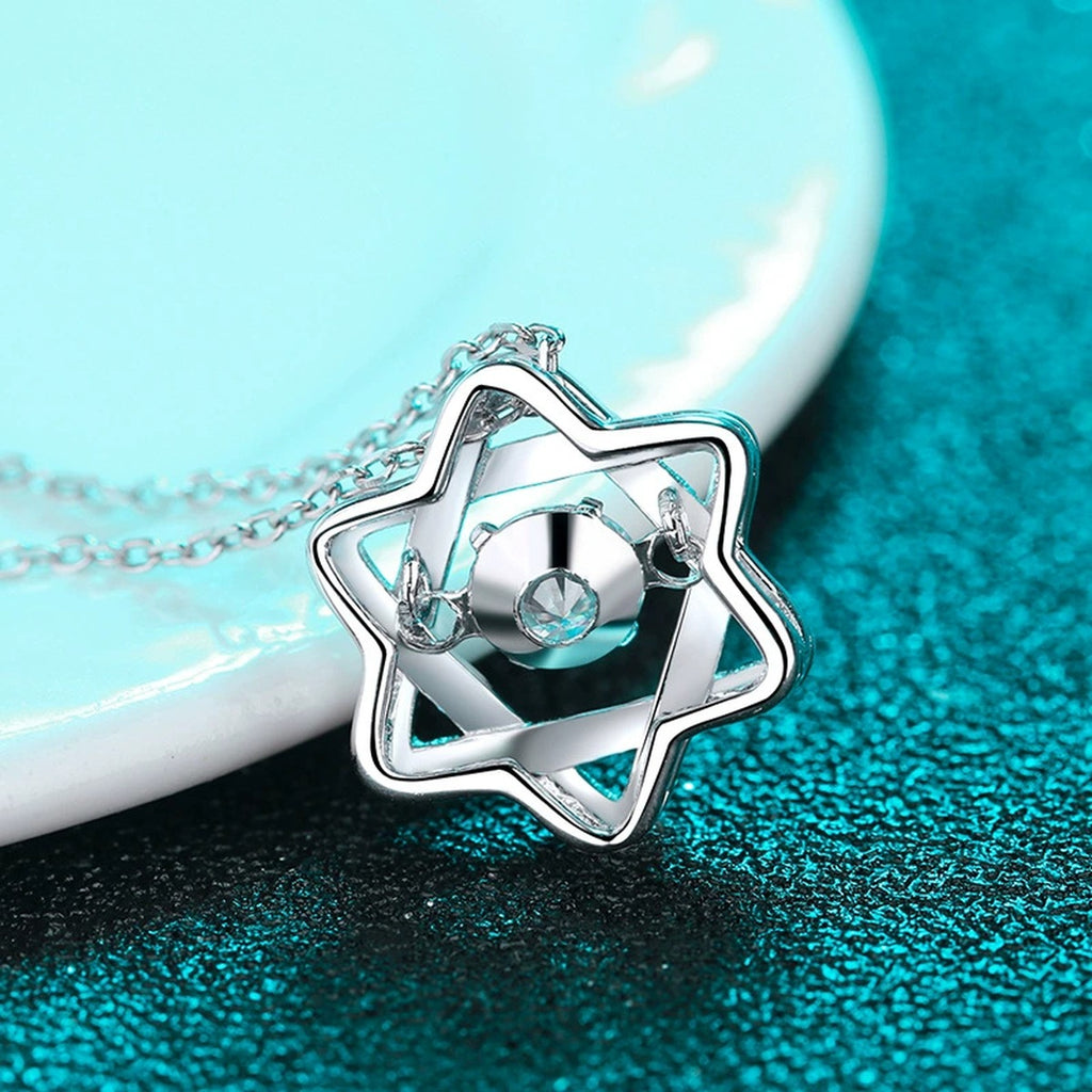 Star Moissanite Pendant Necklace with CZ in Rhodium-Plated S925 sterling silver product scene view showing chain and setting detail