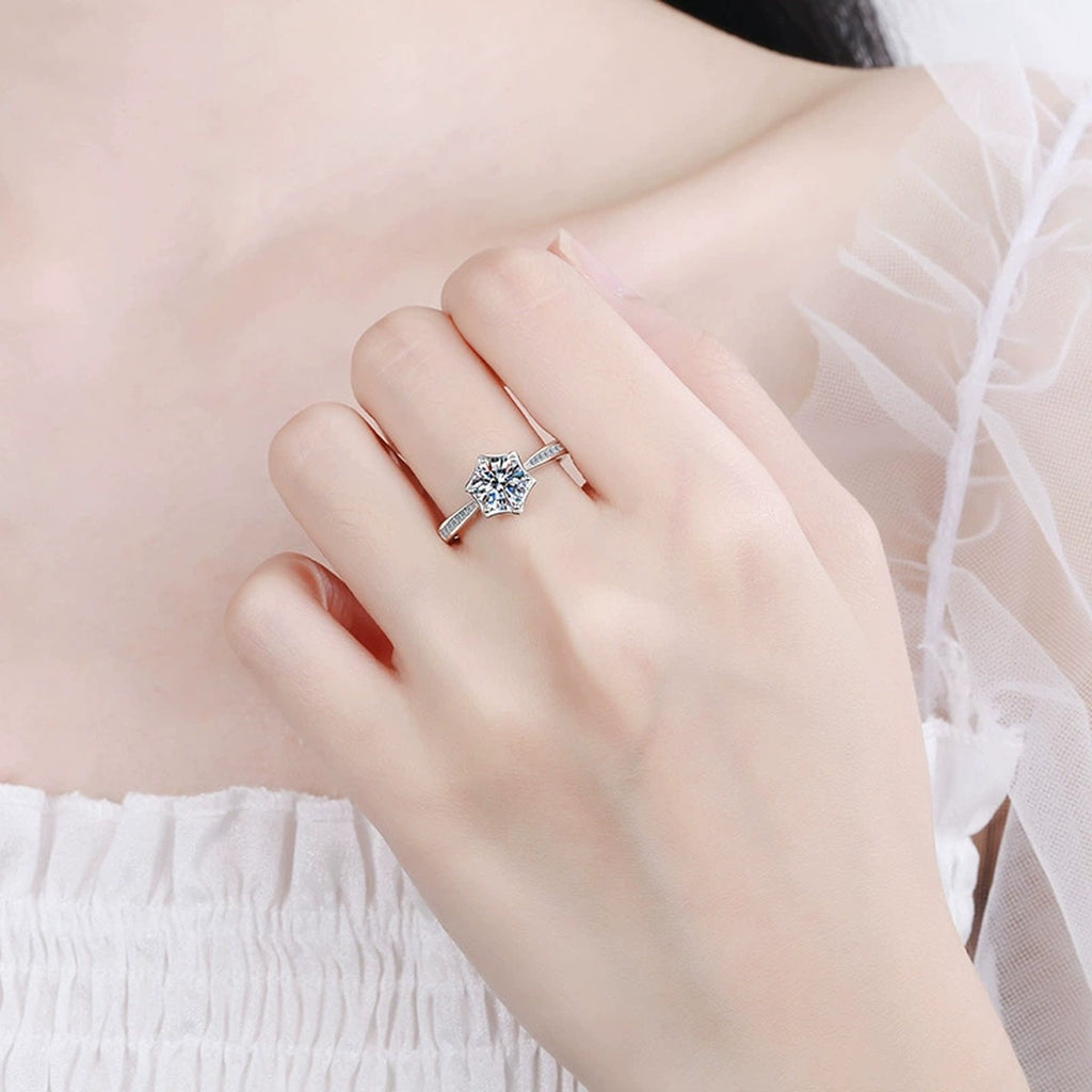 Round Moissanite Ring with CZ in Rhodium-Plated S925 Sterling Silver worn on hand, showing scale, finger coverage, and rhodium-plated finish