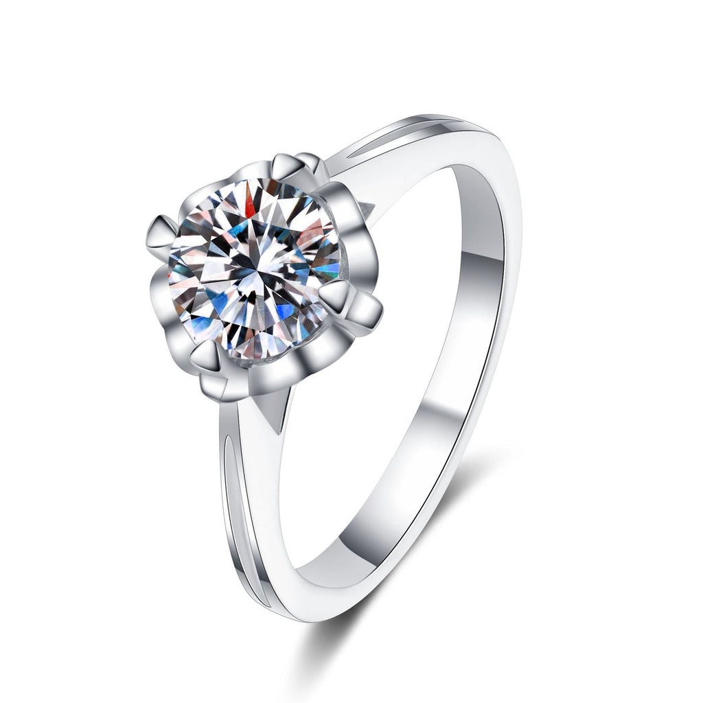Round Moissanite Solitaire Engagement Ring with CZ in rhodium-plated S925 sterling silver on clean white background