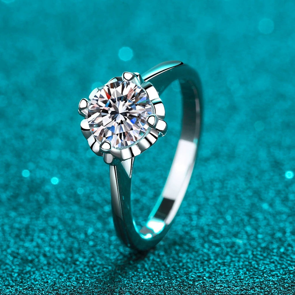Round Moissanite Solitaire Engagement Ring with CZ product view showing moissanite setting and metal finish