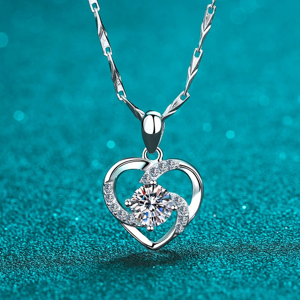 Heart Moissanite Pendant Necklace with CZ in Rhodium-Plated S925 sterling silver product scene view showing pendant detail
