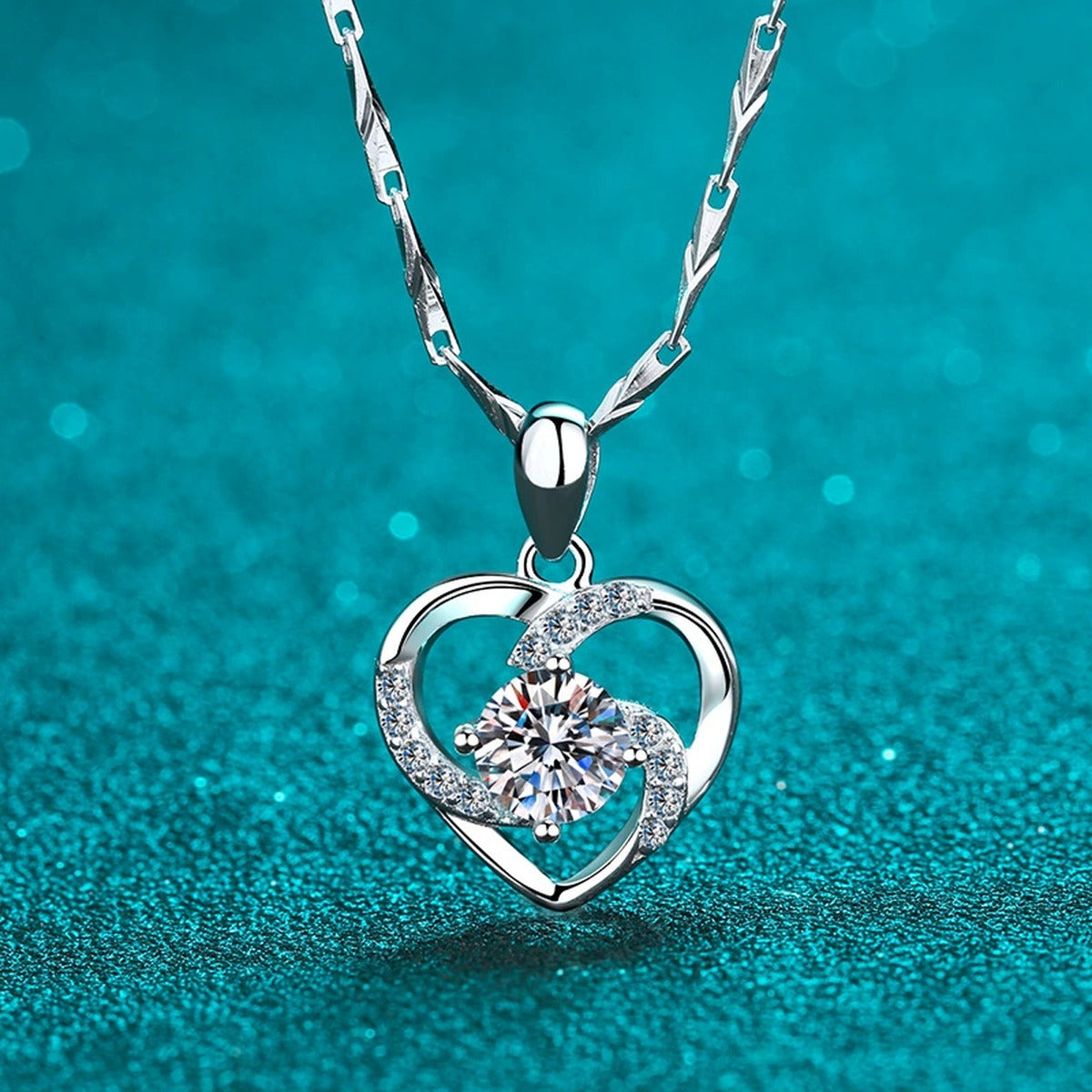 Heart Moissanite Pendant Necklace with CZ in Rhodium-Plated S925 sterling silver product scene view showing pendant detail