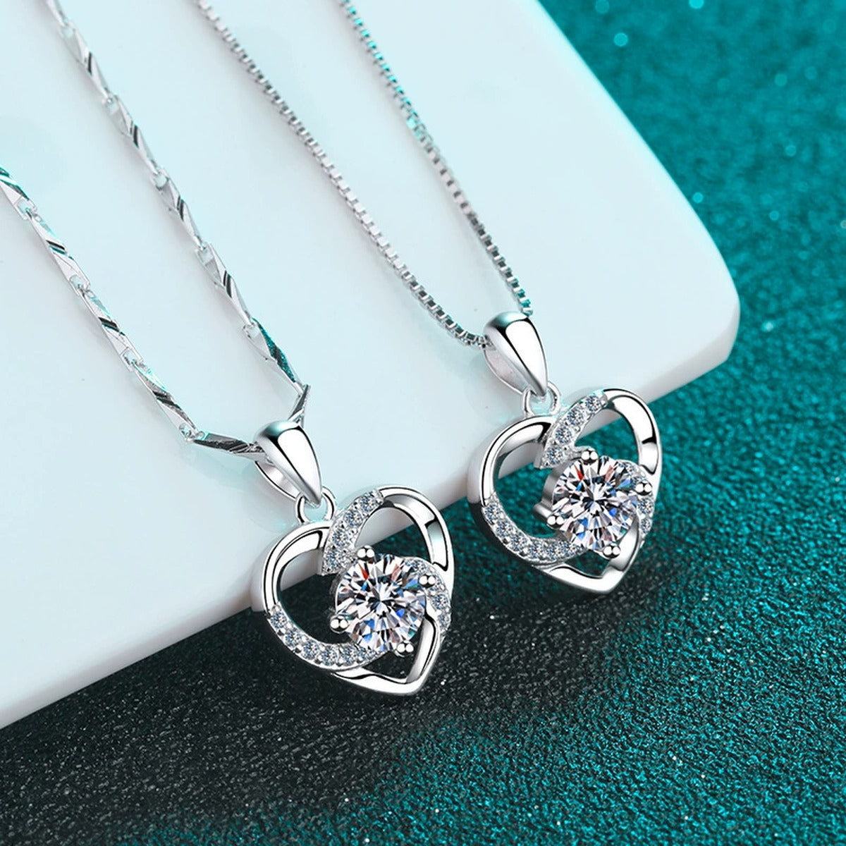 Heart Moissanite Pendant Necklace with CZ in Rhodium-Plated S925 sterling silver product scene view showing chain and setting detail
