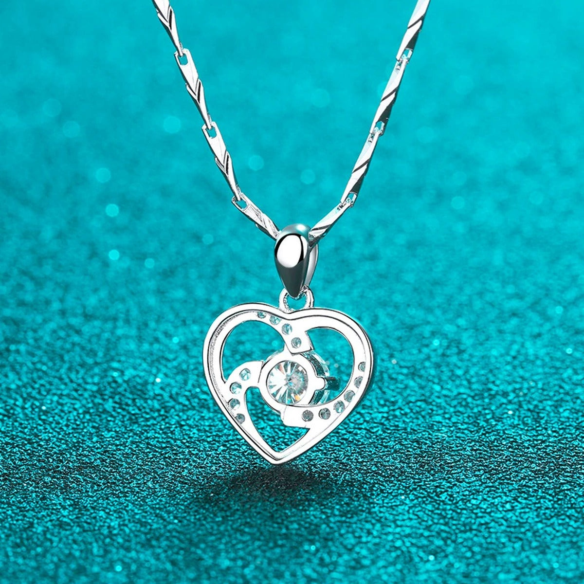 Heart Moissanite Pendant Necklace with CZ in Rhodium-Plated S925 sterling silver product scene view showing angled sparkle
