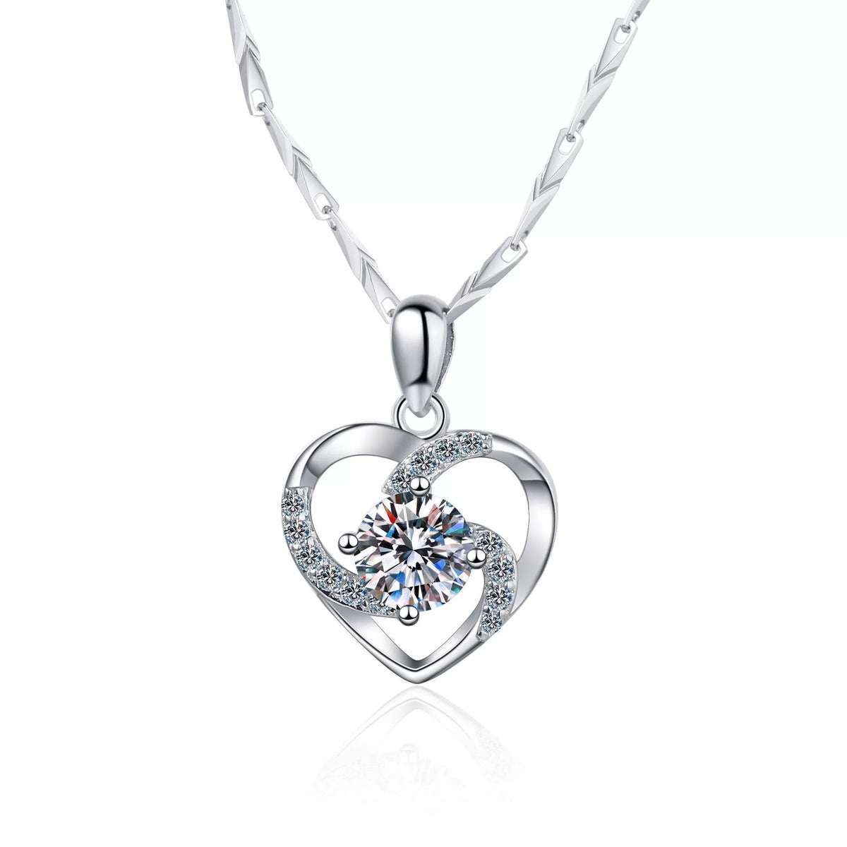 Heart Moissanite Pendant Necklace with CZ in Rhodium-Plated S925 sterling silver product scene view showing close-up styling
