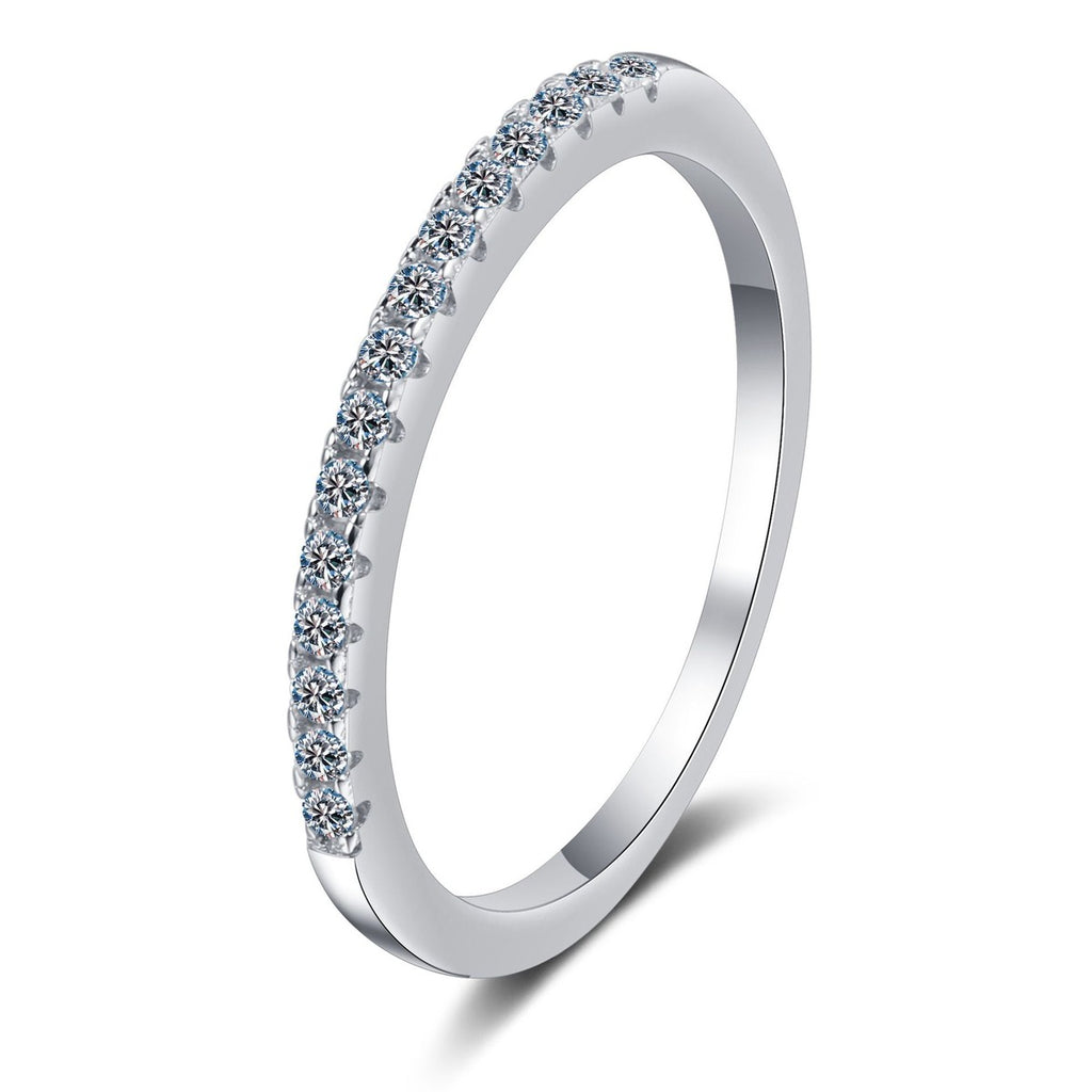 Pave Moissanite Band Ring in Rhodium-Plated S925 Sterling Silver clean white background product photo showing the ring silhouette and moissanite setting