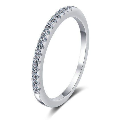 Pave Moissanite Band Ring in Rhodium-Plated S925 Sterling Silver clean white background product photo showing the ring silhouette and moissanite setting