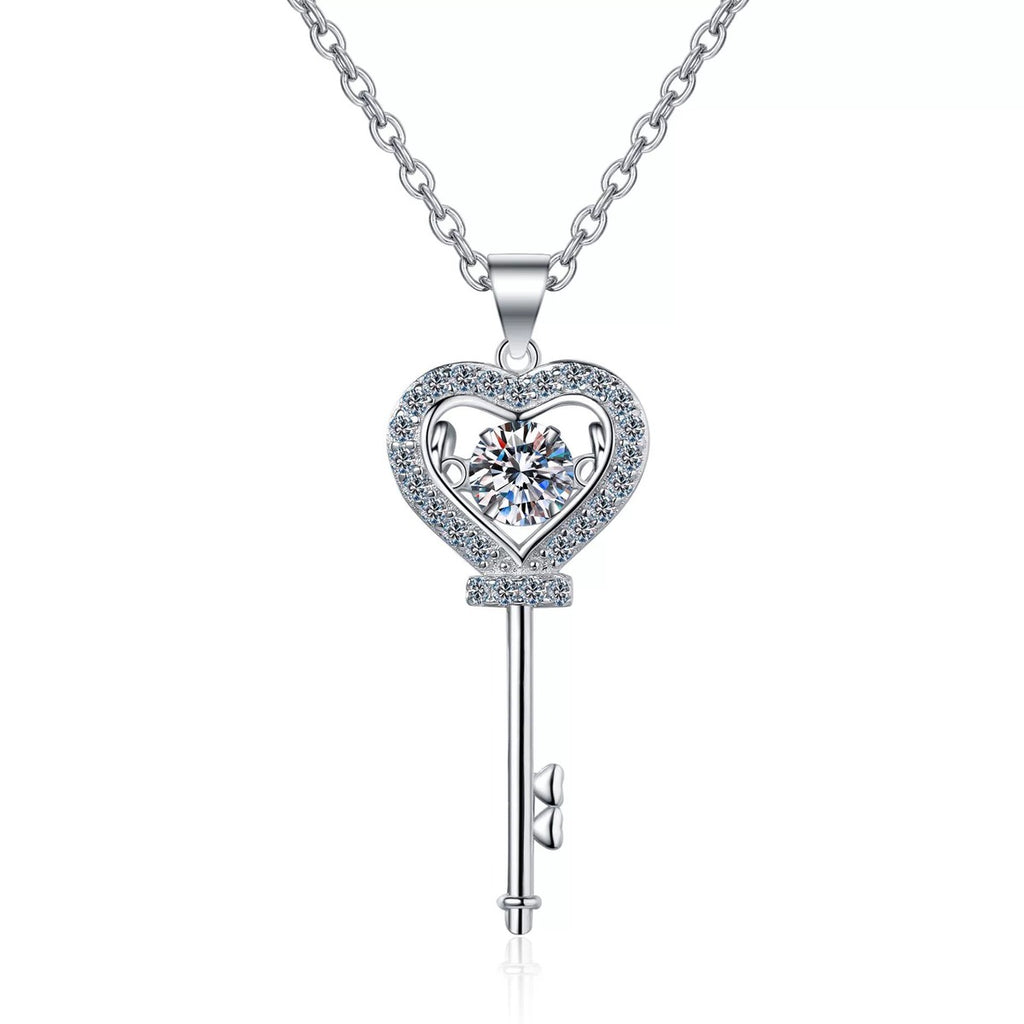 Heart Key Moissanite Pendant Necklace with CZ in Rhodium-Plated S925 sterling silver on white background showing pendant shape and round moissanite