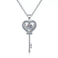 Heart Key Moissanite Pendant Necklace with CZ in Rhodium-Plated S925 sterling silver on white background showing pendant shape and round moissanite