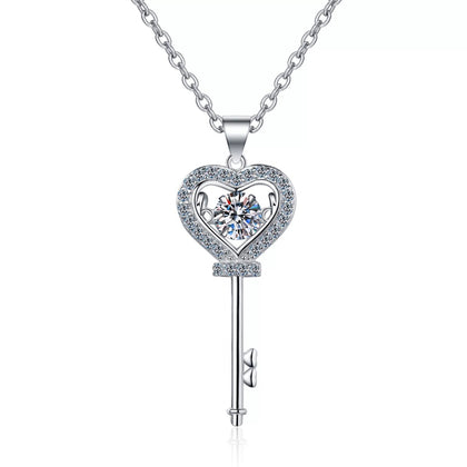 Heart Key Moissanite Pendant Necklace with CZ in Rhodium-Plated S925 sterling silver on white background showing pendant shape and round moissanite