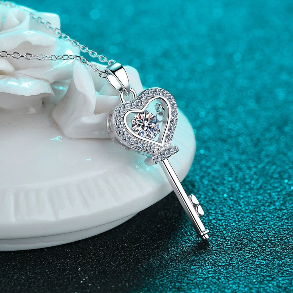 Heart Key Moissanite Pendant Necklace with CZ in Rhodium-Plated S925 sterling silver product scene view showing pendant detail