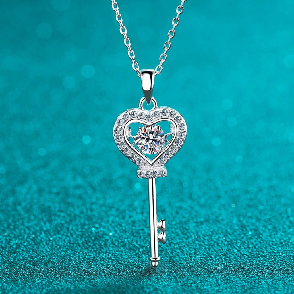 Heart Key Moissanite Pendant Necklace with CZ in Rhodium-Plated S925 sterling silver product scene view showing chain and setting detail