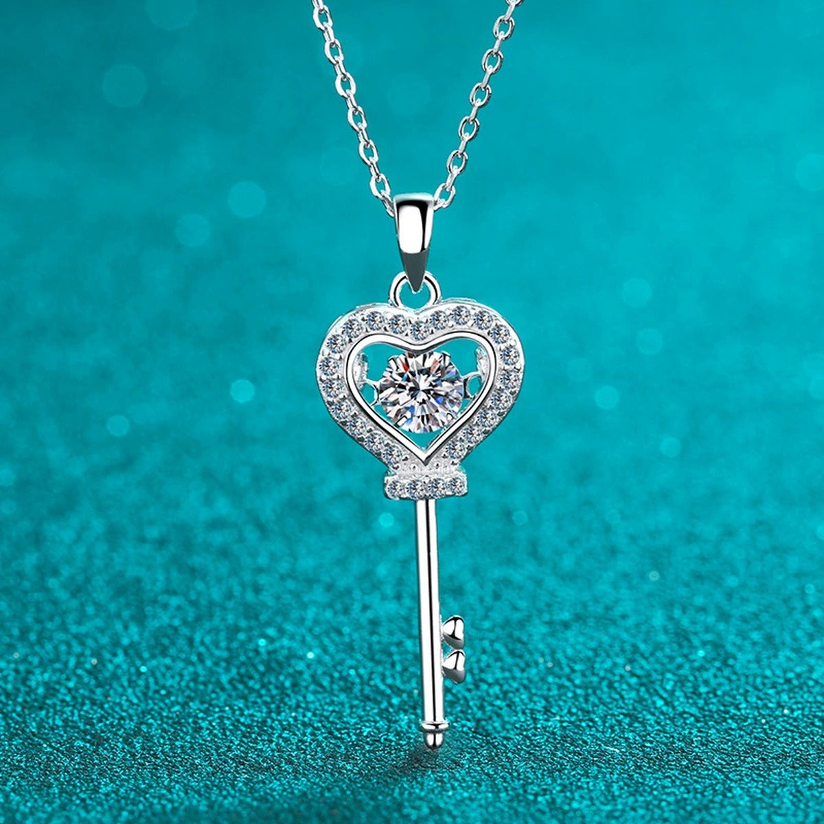 Heart Key Moissanite Pendant Necklace with CZ in Rhodium-Plated S925 sterling silver product scene view showing chain and setting detail