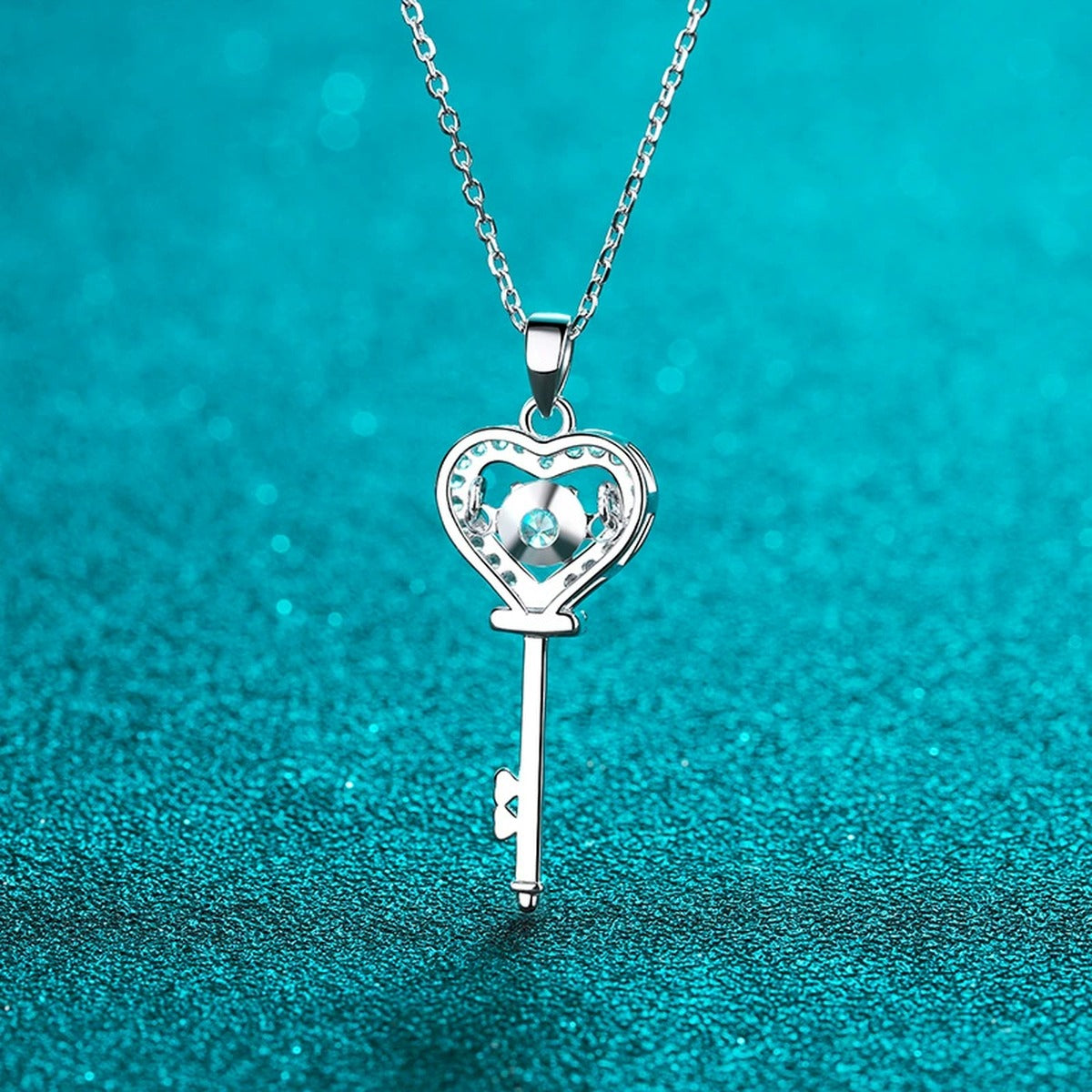 Heart Key Moissanite Pendant Necklace with CZ in Rhodium-Plated S925 sterling silver product scene view showing angled sparkle