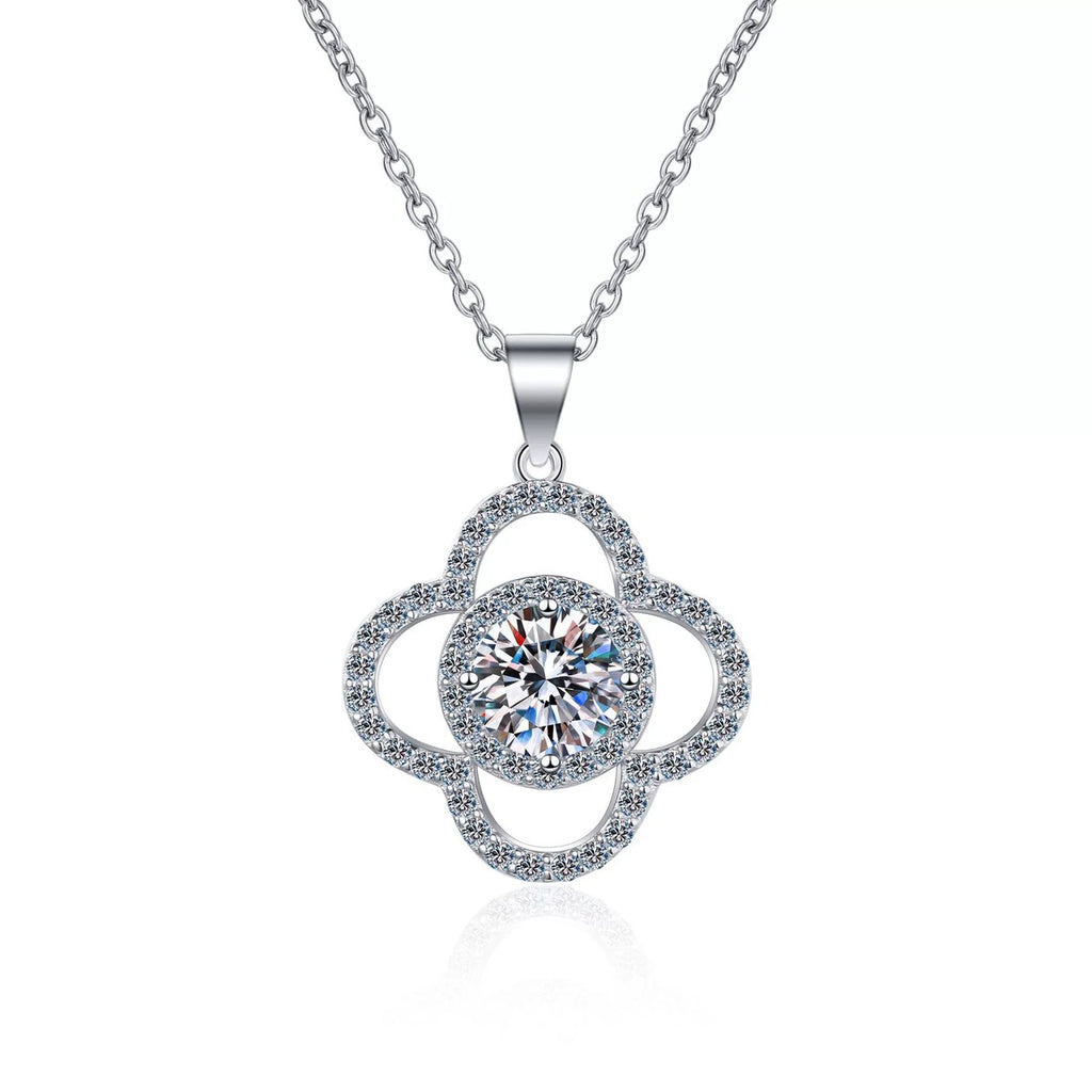 Clover Moissanite Pendant Necklace with CZ in Rhodium-Plated S925 sterling silver on white background showing pendant shape and round moissanite