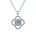 Clover Moissanite Pendant Necklace with CZ in Rhodium-Plated S925 sterling silver on white background showing pendant shape and round moissanite