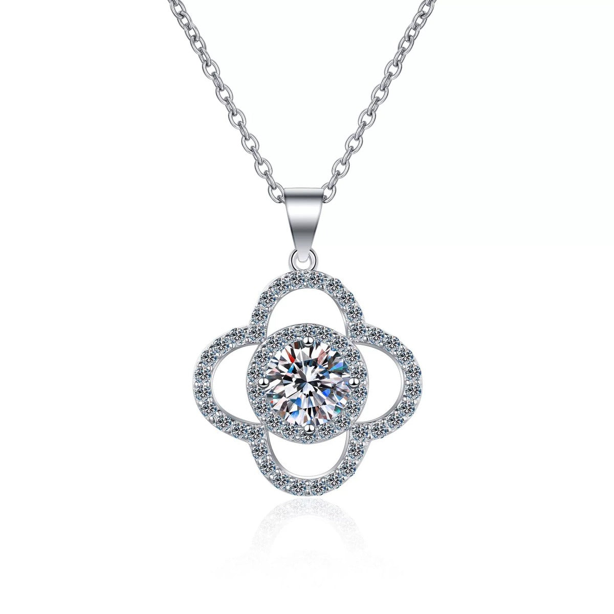 Clover Moissanite Pendant Necklace with CZ in Rhodium-Plated S925 sterling silver on white background showing pendant shape and round moissanite