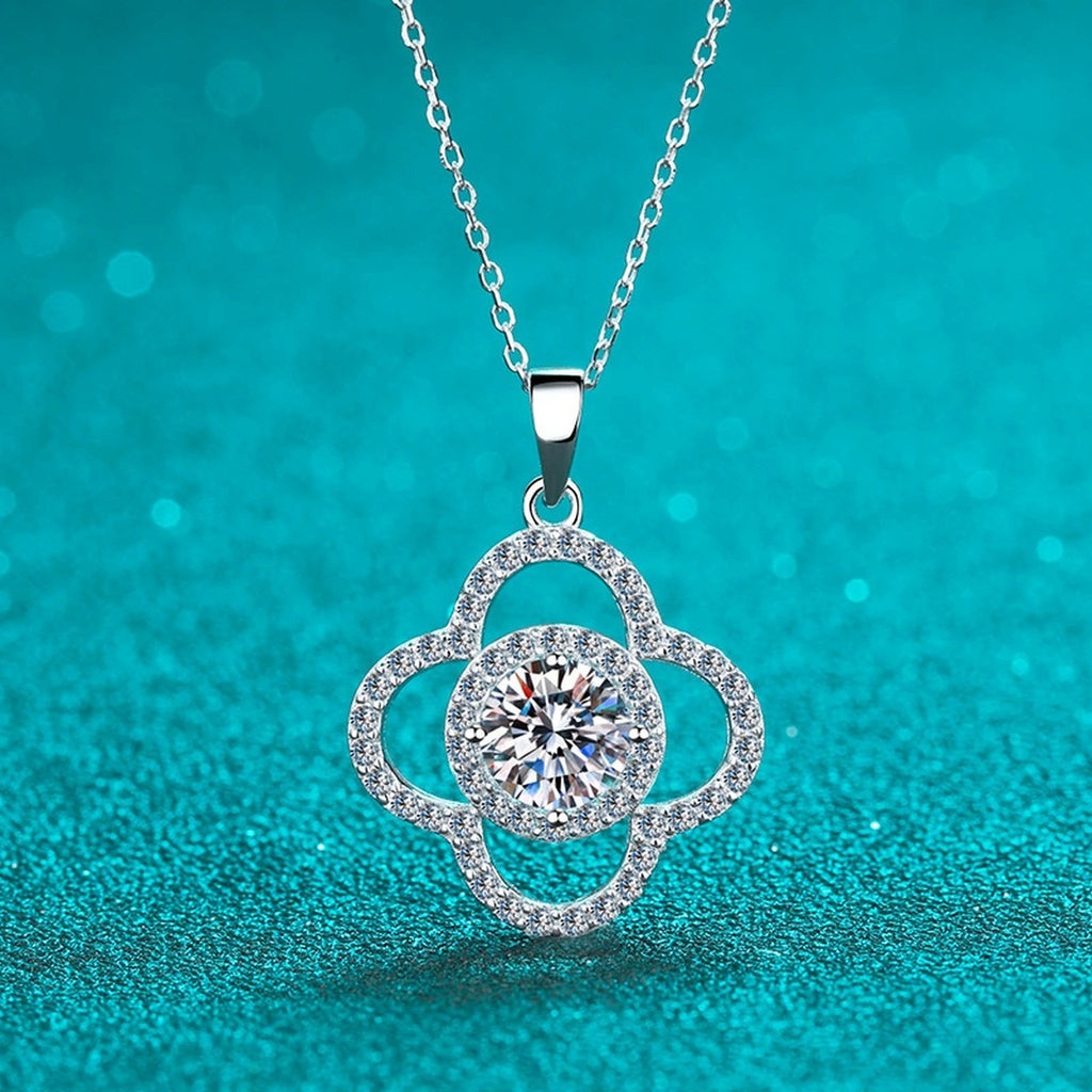 Clover Moissanite Pendant Necklace with CZ in Rhodium-Plated S925 sterling silver product scene view showing pendant detail