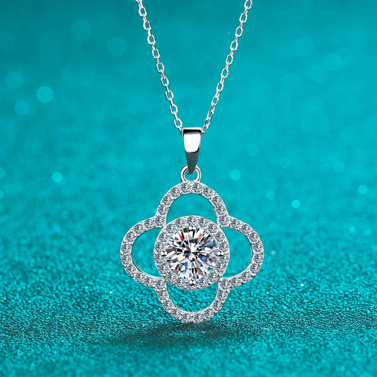 Clover Moissanite Pendant Necklace with CZ in Rhodium-Plated S925 sterling silver product scene view showing pendant detail