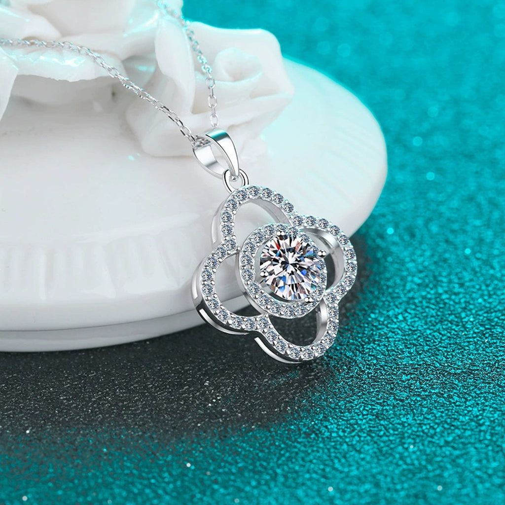 Clover Moissanite Pendant Necklace with CZ in Rhodium-Plated S925 sterling silver product scene view showing chain and setting detail